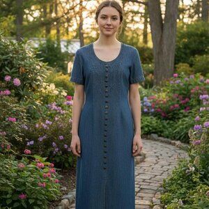 Vintage 90s Maxi Denim Embroidered Dress